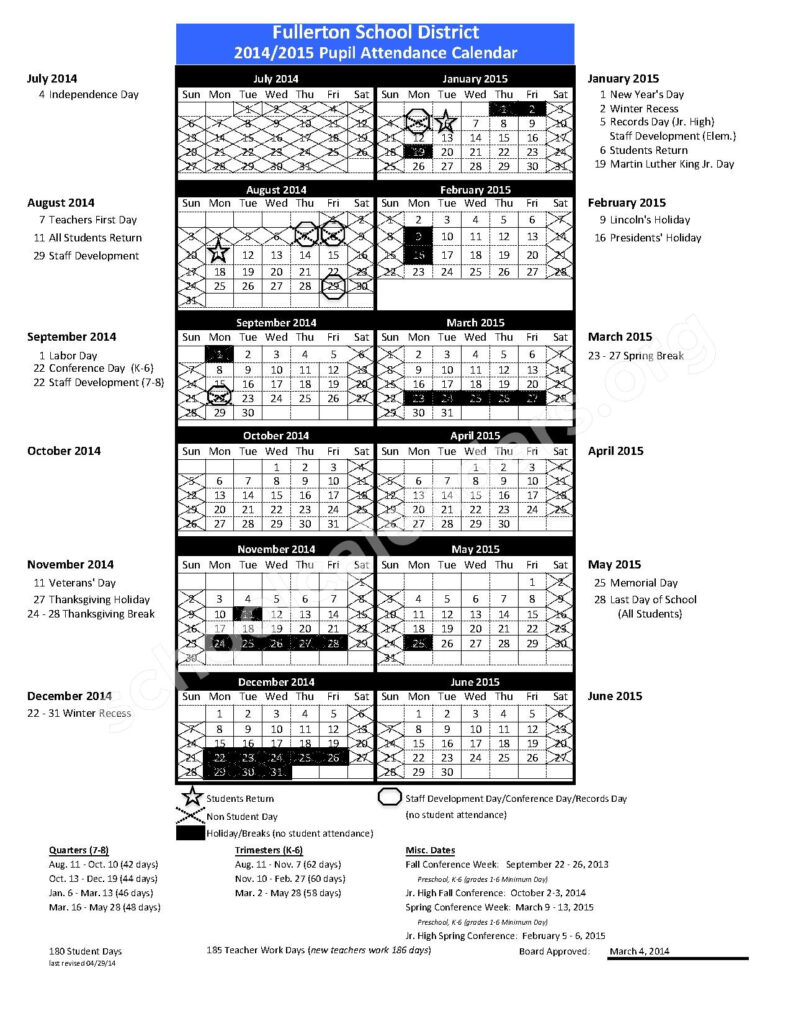 2014 2015 School Calendar Fern Drive Elementary School Fullerton CA