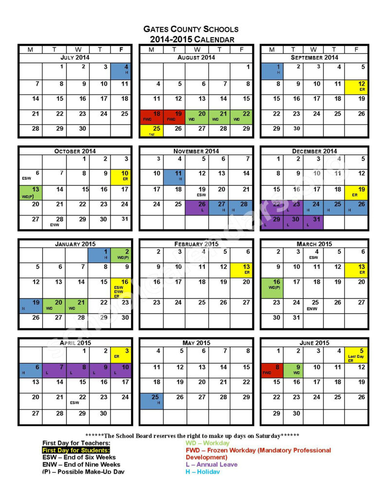 2014 2015 School Calendar Gates County Senior High School 