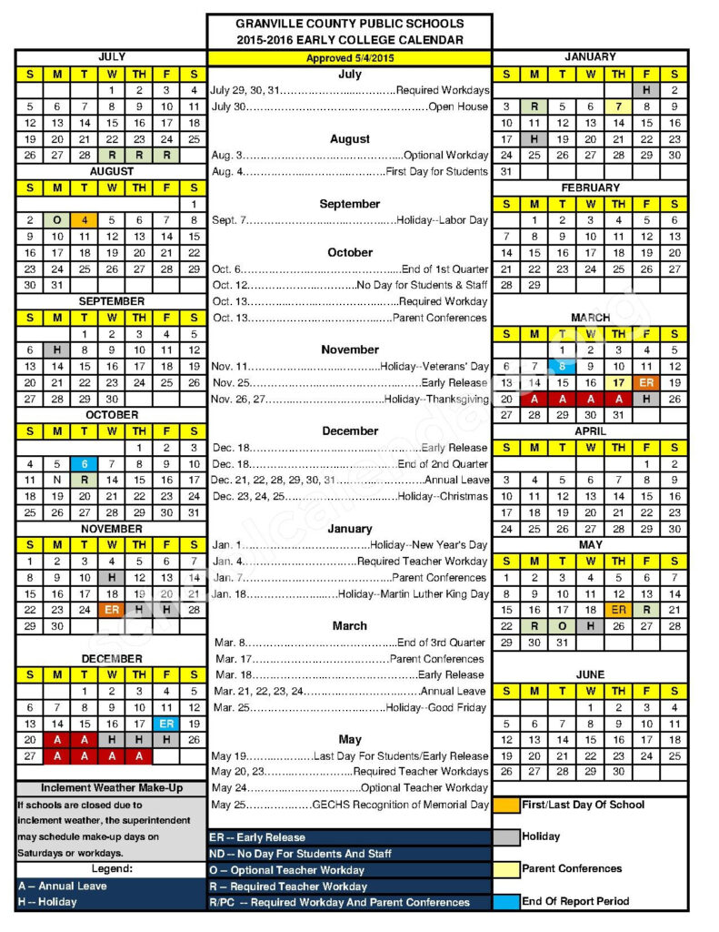 2015 2016 Early College Calendar Calendar Detail SchoolCalendars