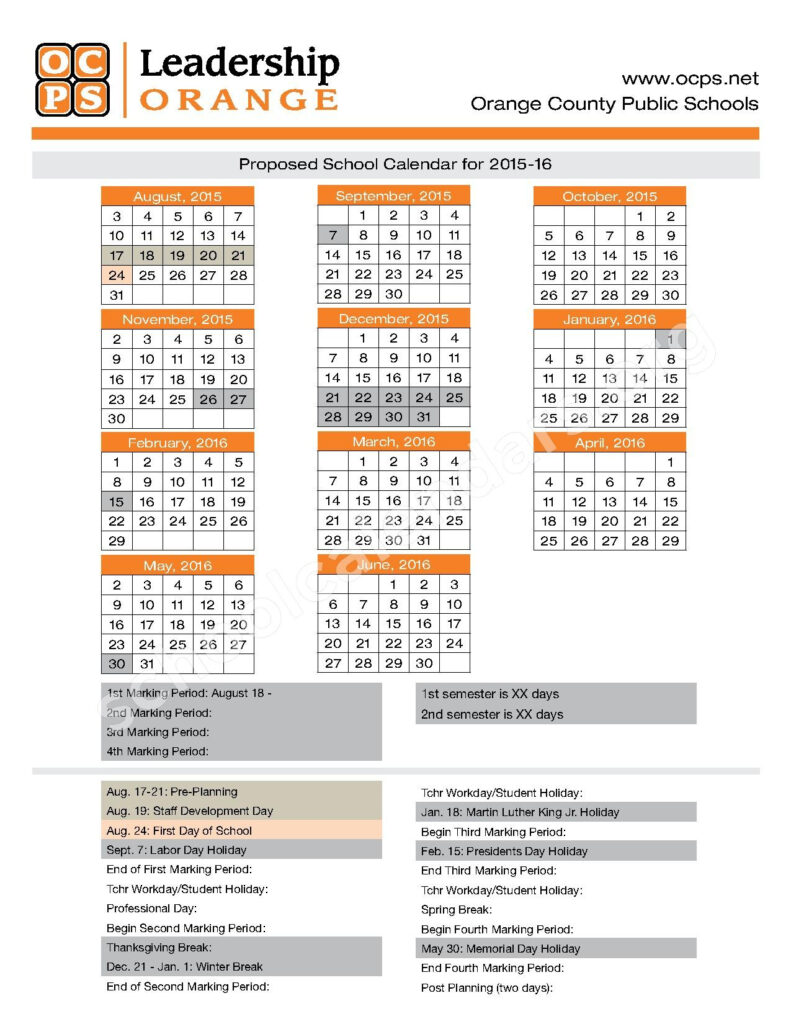 2015 2016 Proposed Calendar Orange County School District Orlando FL