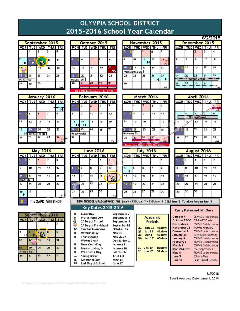 2015 2016 School Calendar Centennial Elementary School Olympia WA