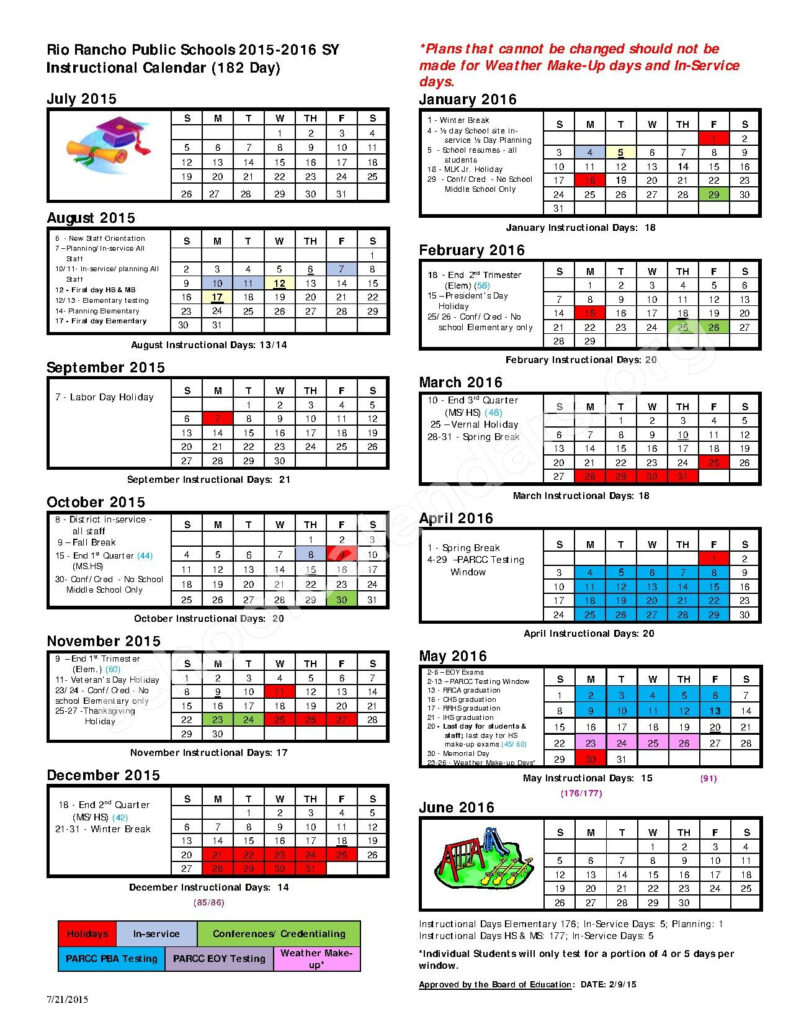 2015 2016 School Calendar Rio Rancho High School Rio Rancho NM