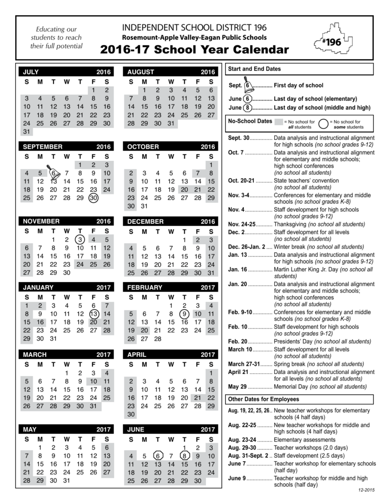 2016 17 School Year Calendar INDEPENDENT SCHOOL DISTRICT 196 Rosemount 
