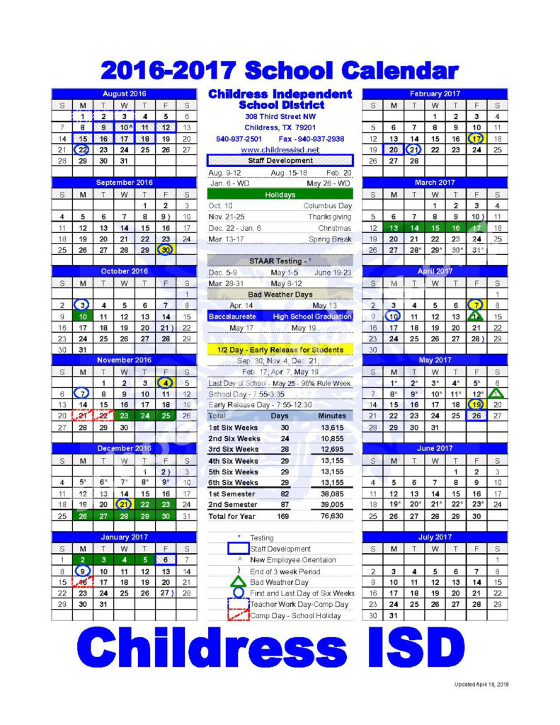 2016 2017 District Calendar Childress Elementary School Childress TX