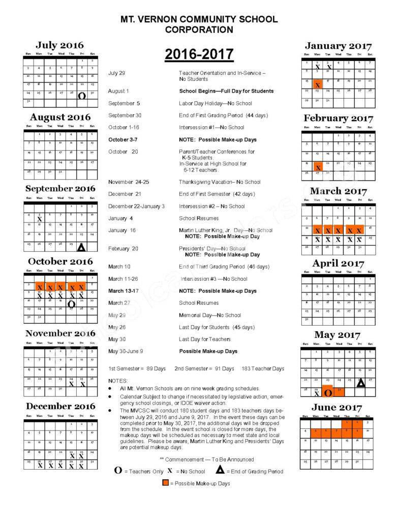 2016 2017 District Calendar Fortville Elementary School Fortville IN