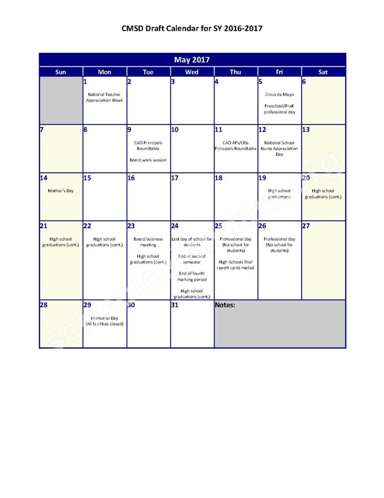 2016 2017 District Calendar Fullerton School Cleveland OH