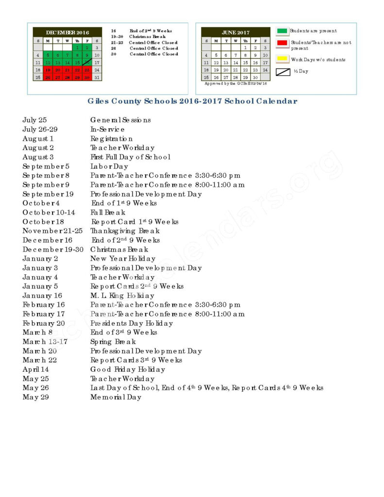 2016 2017 District Calendar Giles County Schools Pulaski TN