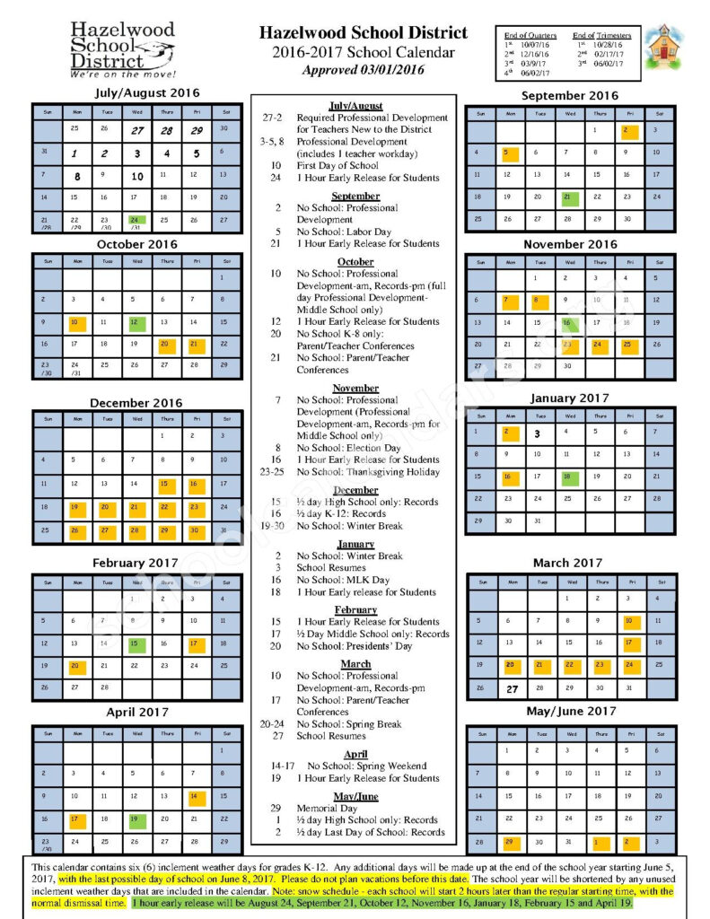 2016 2017 District Calendar Hazelwood School District Florissant MO