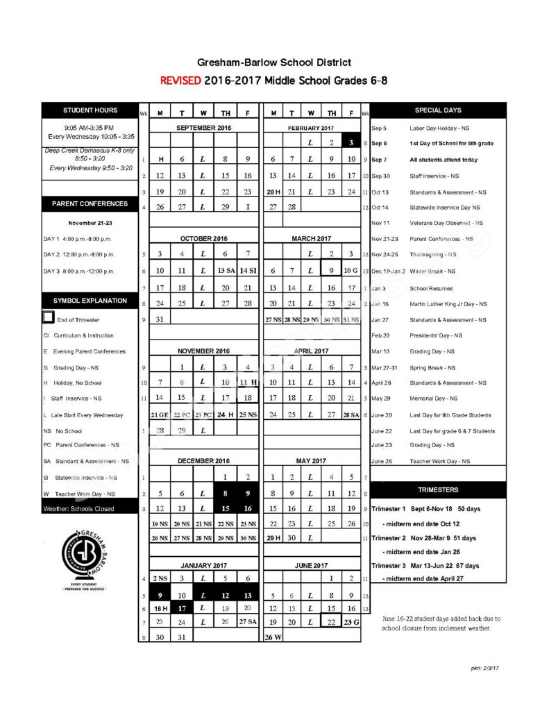 2016 2017 Grades 6 8 Calendar Revised Gresham Barlow School 