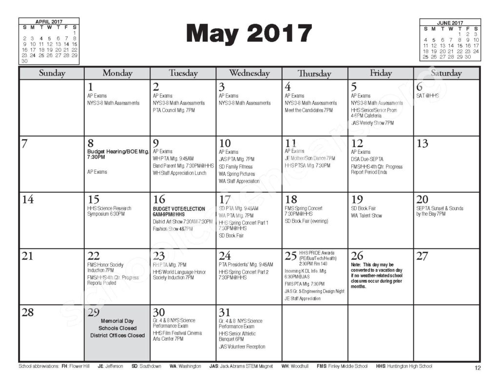 2016 2017 Huntington UFSD Calendar Directory Huntington Union 