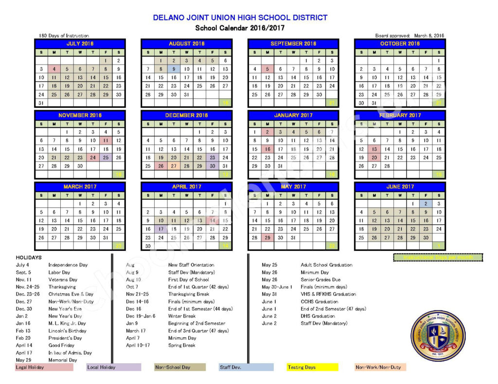 2016 2017 School Calendar Delano Joint Union High School District 