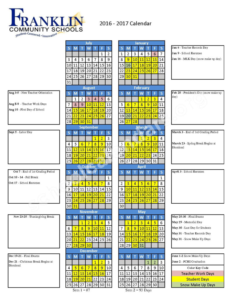 2016 2017 School Calendar Franklin Community School Corporation 