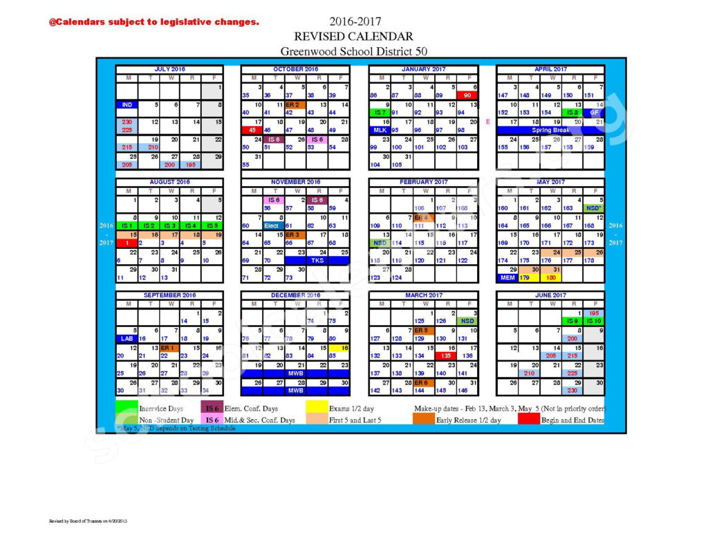 2016 2017 School Calendar Greenwood School District 50 Greenwood SC