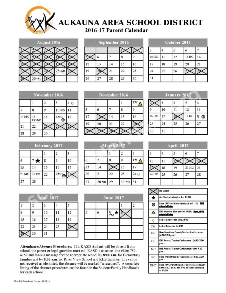 2016 2017 School Calendar Kaukauna Area School District Kaukauna WI