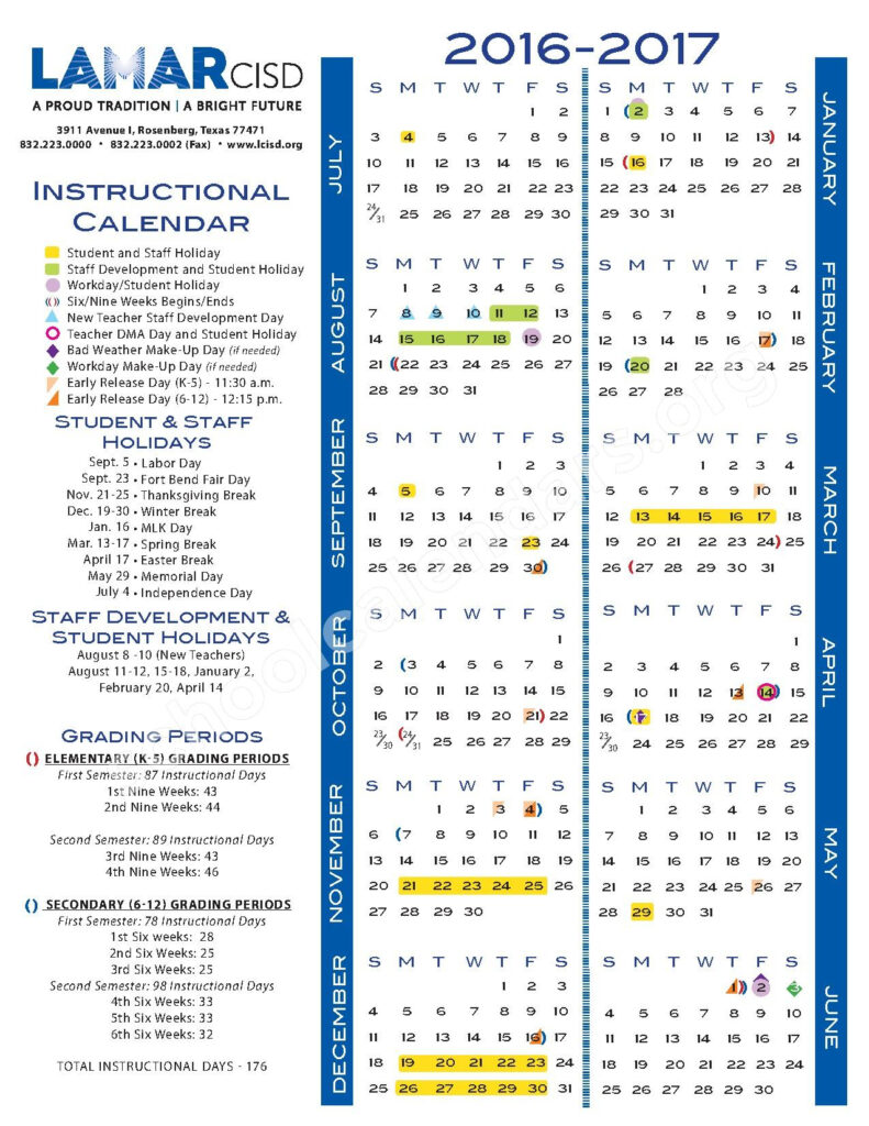 2016 2017 School Calendar Lamar Consolidated Independent School 