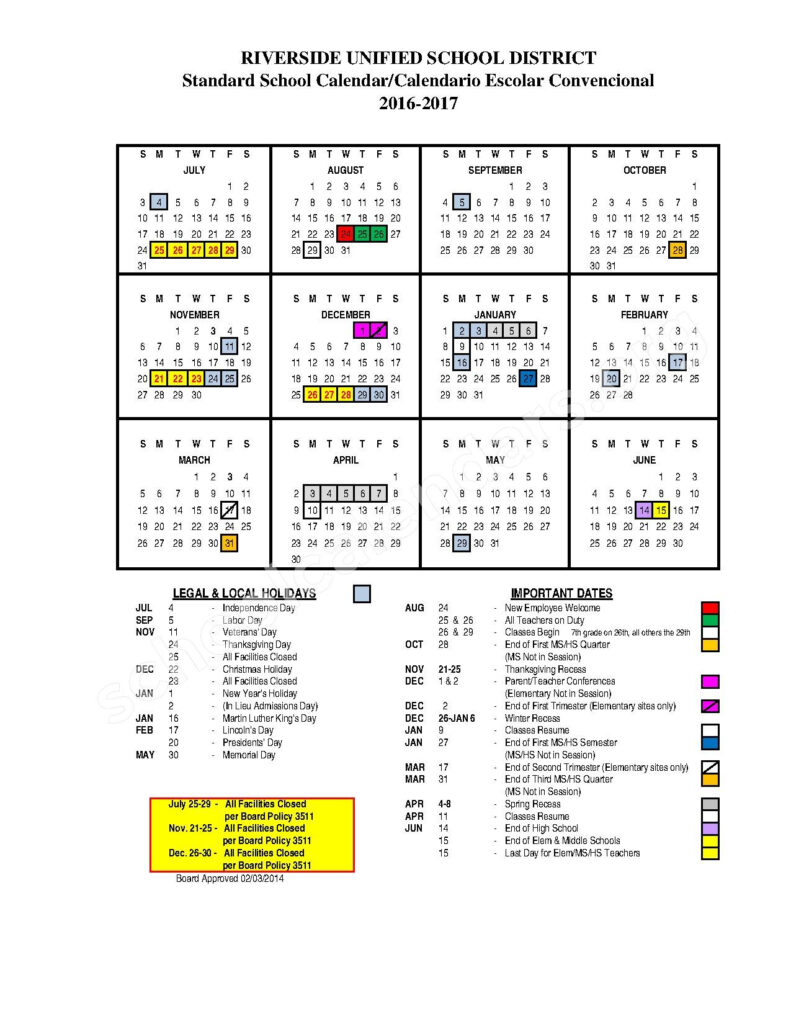 2016 2017 School Calendar Riverside Unified School District 