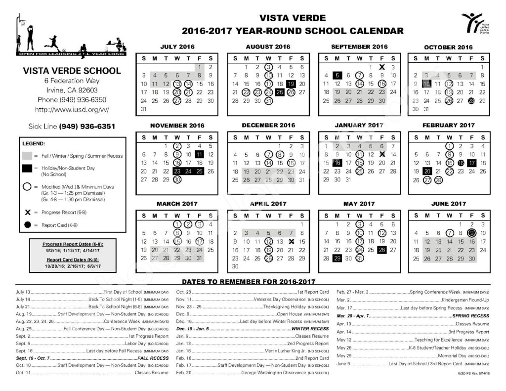 2016 2017 Vista Verde Year Round School Calendar Vista Verde School 