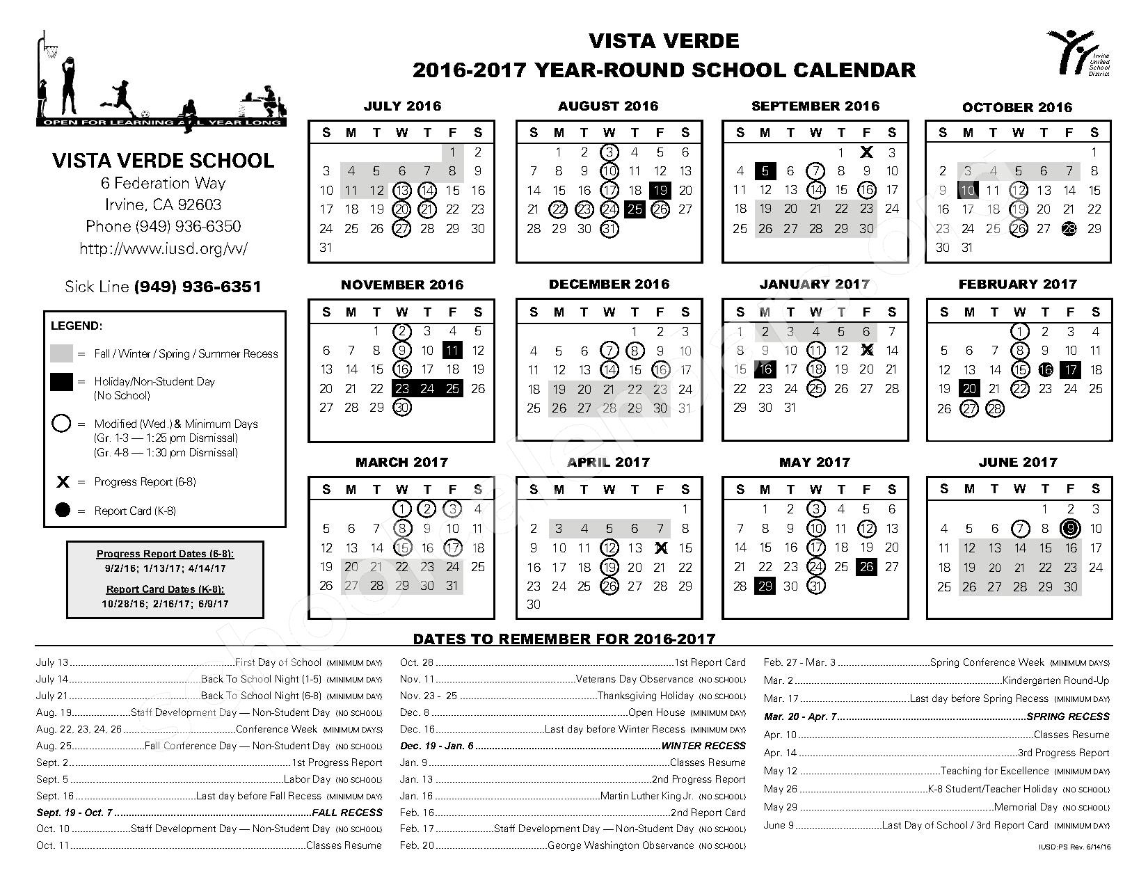 2016 2017 Vista Verde Year Round School Calendar Vista Verde School