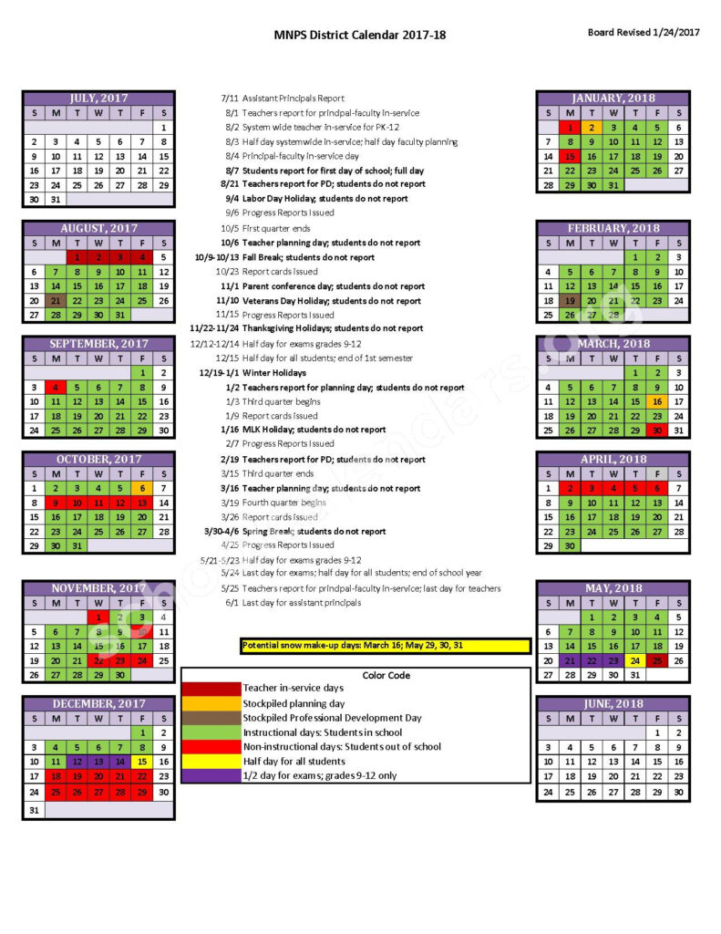 2017 2018 District Calendar Davidson County Schools Metropolitan 