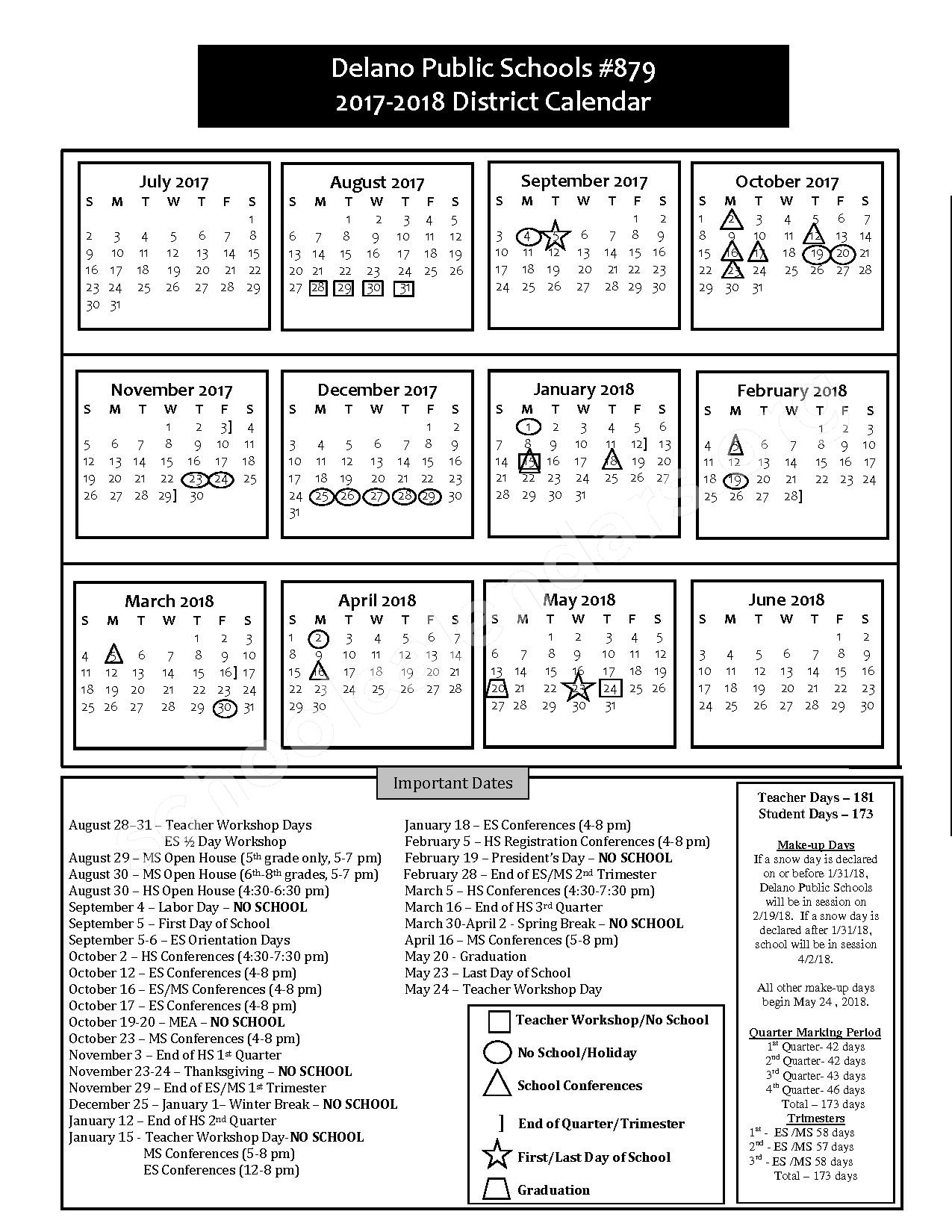 2017 2018 District Calendar Delano Public School District Delano MN