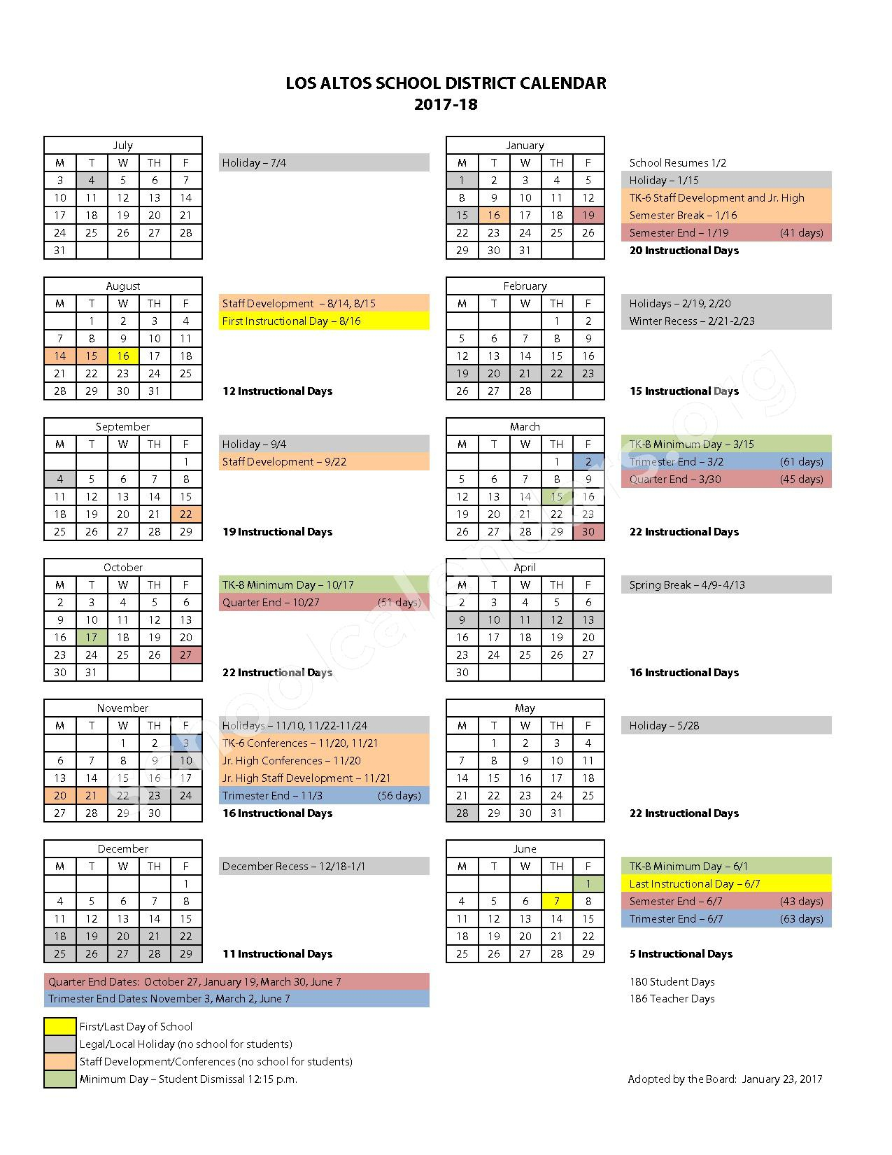 2017 2018 District Calendar Gardner Bullis Elementary School Los