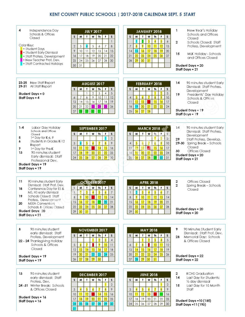 2017 2018 District Calendar Kent County Public Schools 