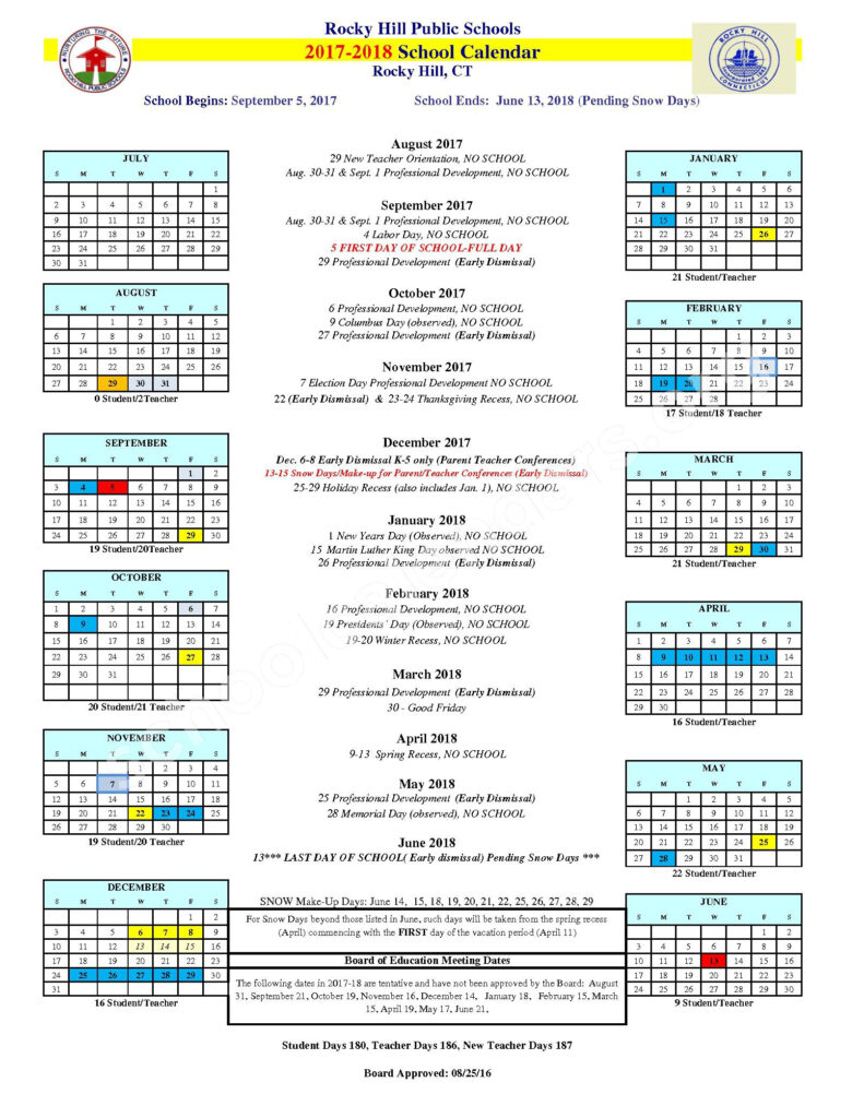 2017 2018 District Calendar Rocky Hill High School Rocky Hill CT