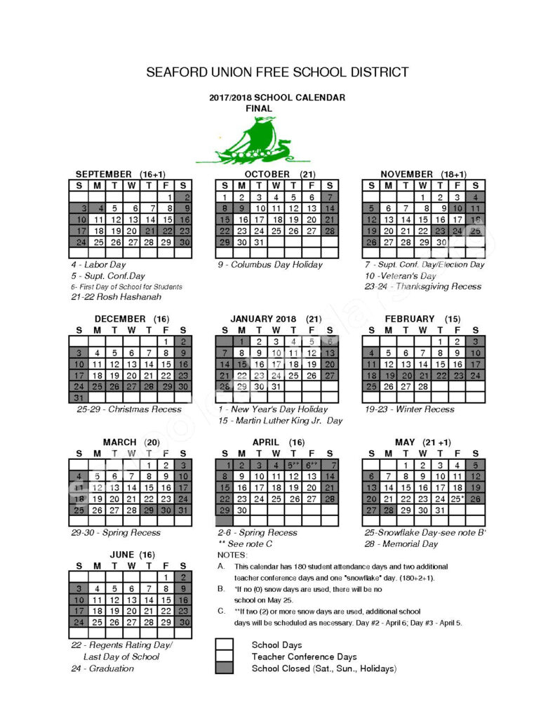 2017 2018 District Calendar Seaford Union Free School District 