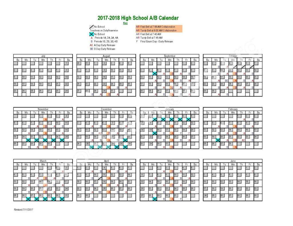 2017 2018 High School A B Days Calendar Rocky Mountain High School 