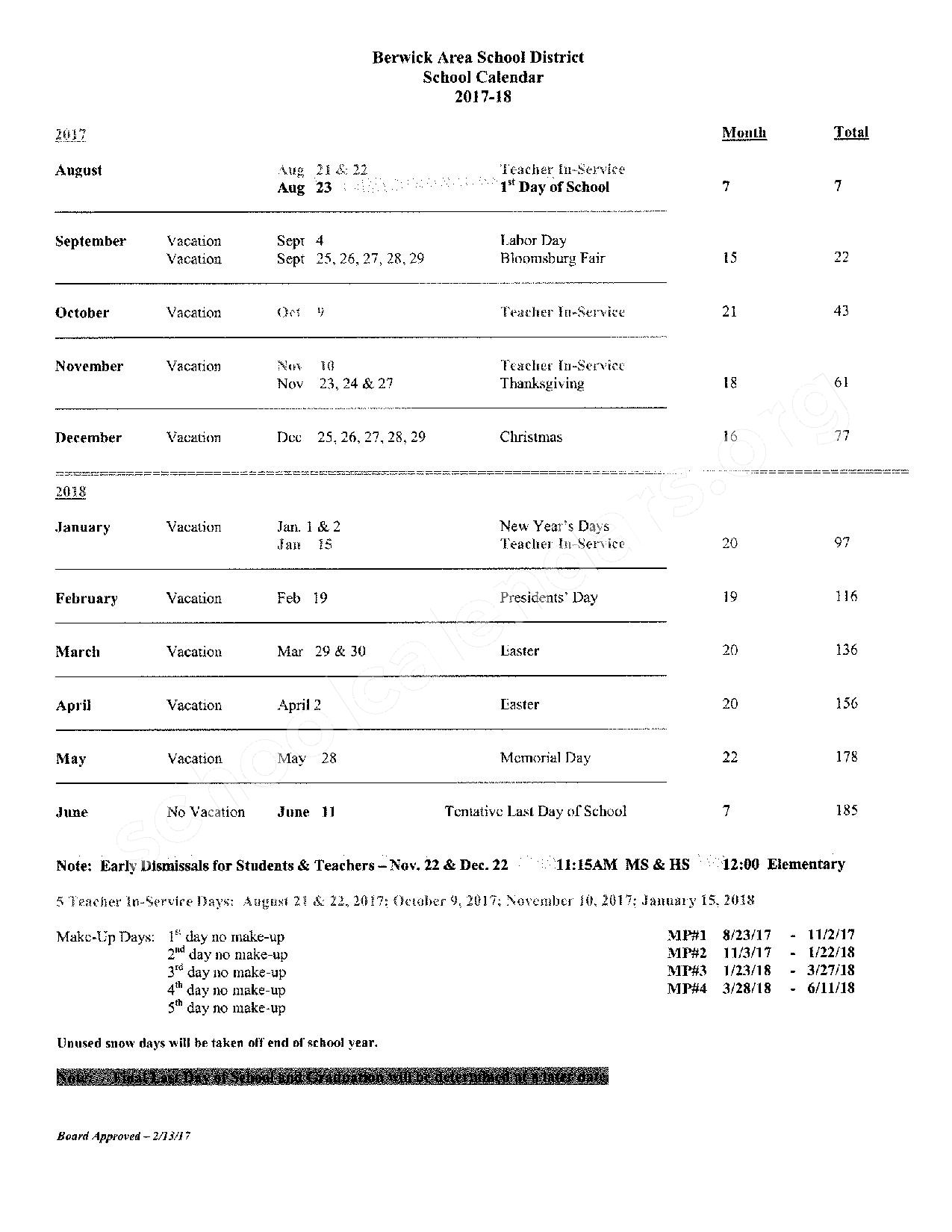 2017 2018 School Calendar Berwick Area School District Berwick PA