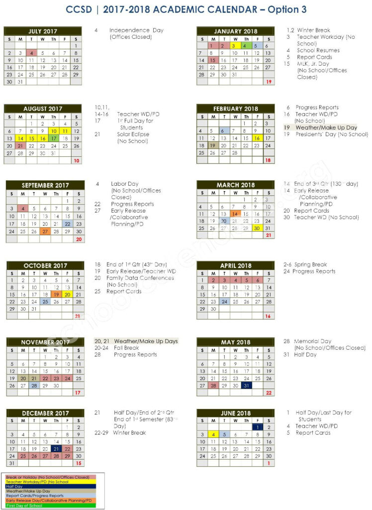 2017 2018 School Calendar Charleston County School District 