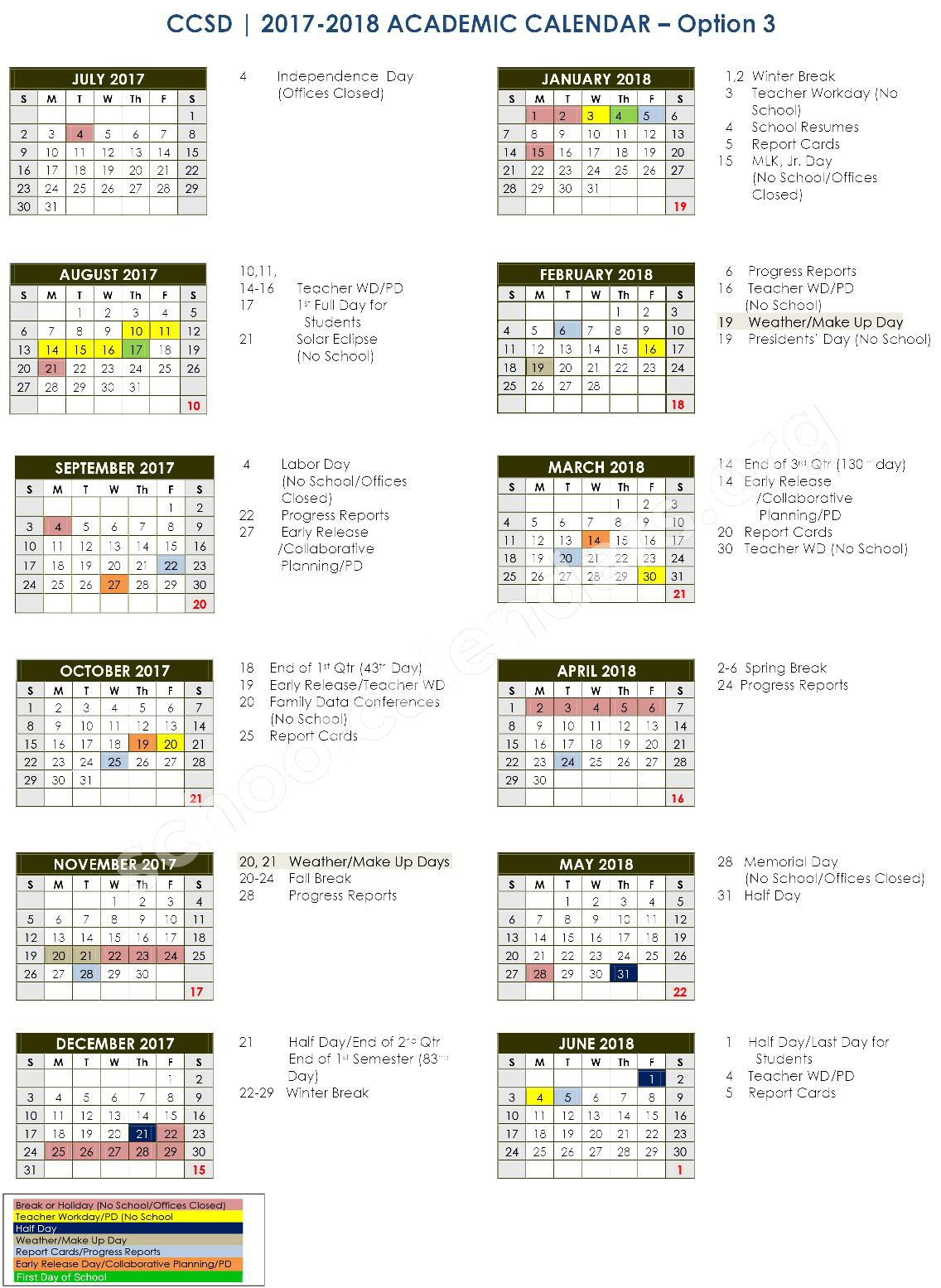 2017 2018 School Calendar Charleston County School District