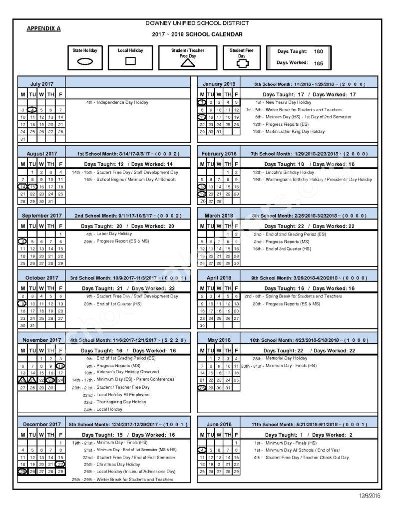 2017 2018 School Calendar Downey Unified School District Downey CA