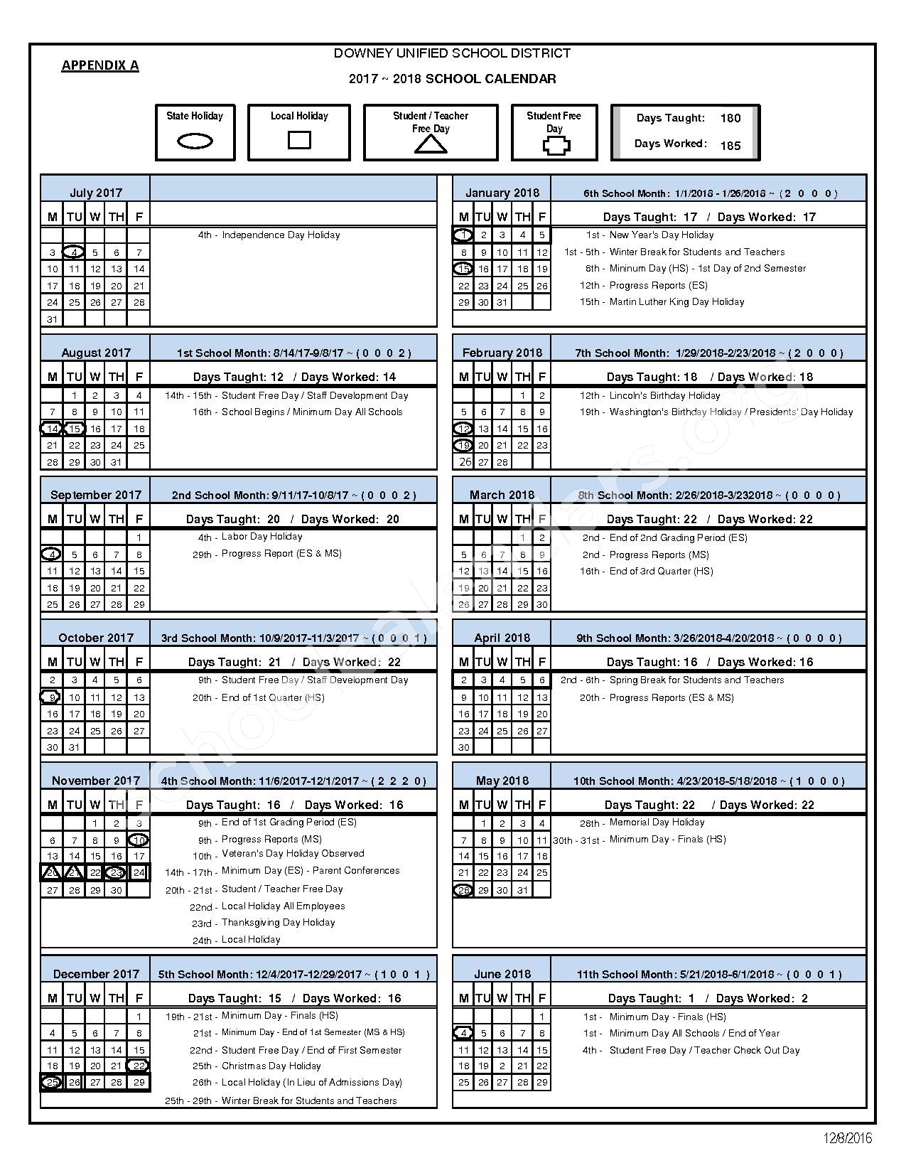 2017 2018 School Calendar Downey Unified School District Downey CA