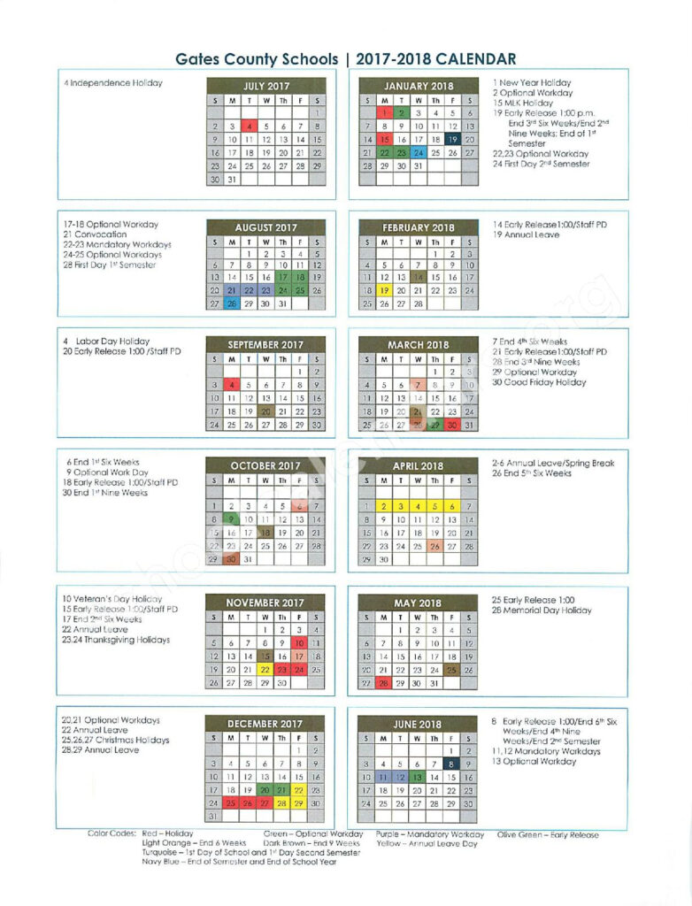 2017 2018 School Calendar Gates County Public Schools Gatesville NC