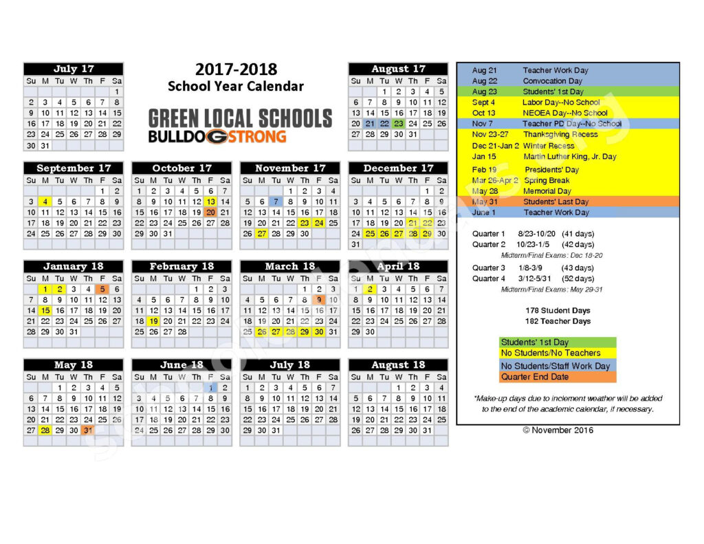 2017 2018 School Calendar Green Local Summit County Uniontown OH