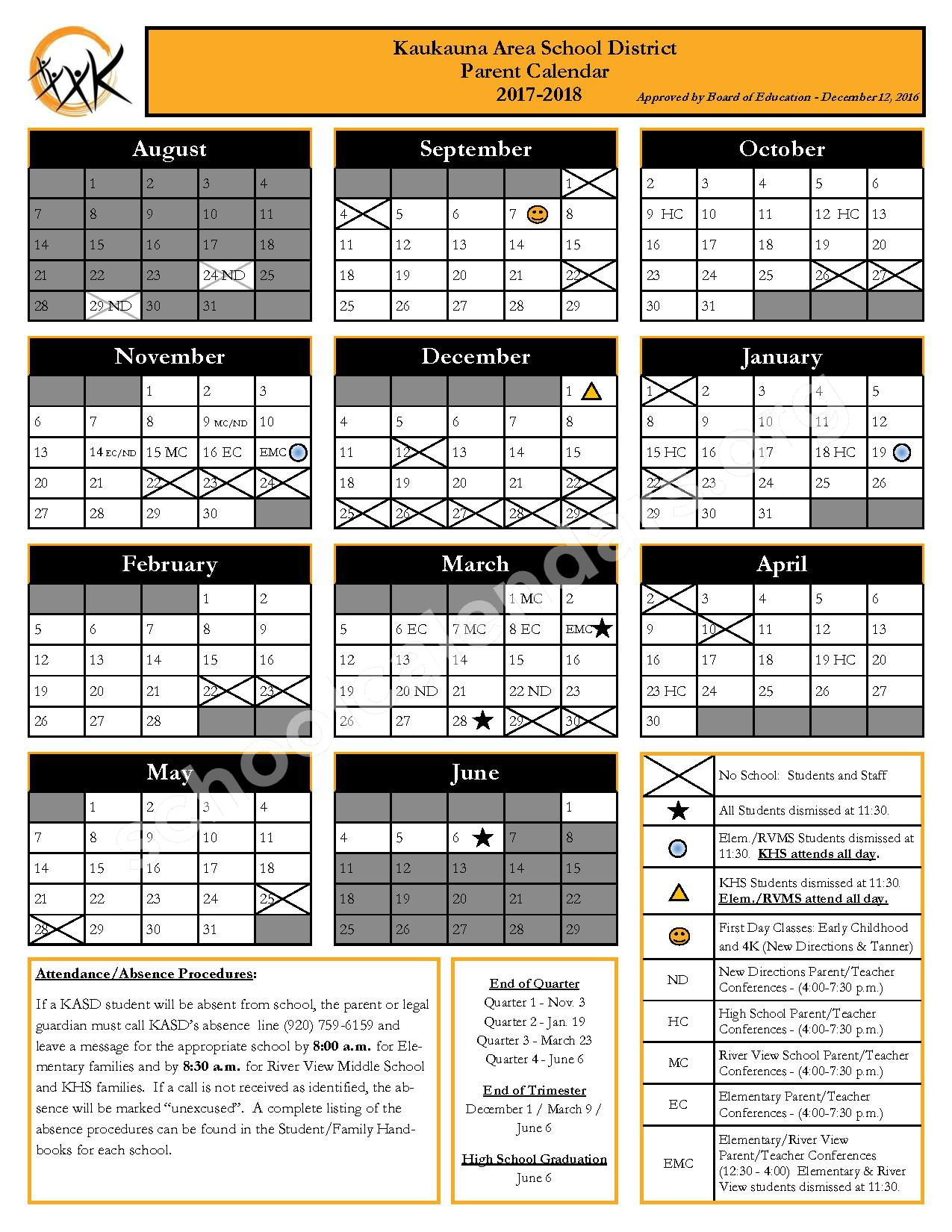 2017 2018 School Calendar Kaukauna Area School District Kaukauna WI