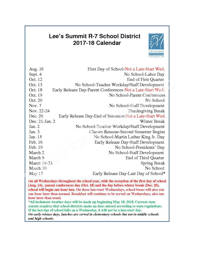 2017 2018 School Calendar Lee s Summit R VII School District Lee 