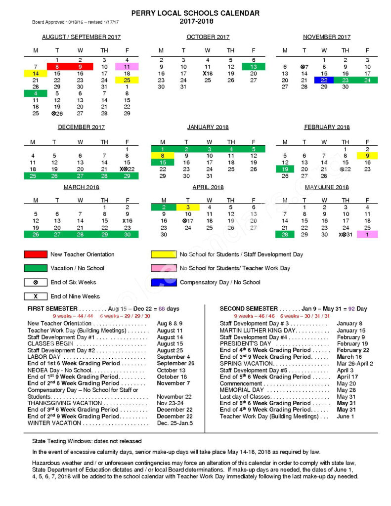 2017 2018 School Calendar Perry Local Schools Lake County Perry OH