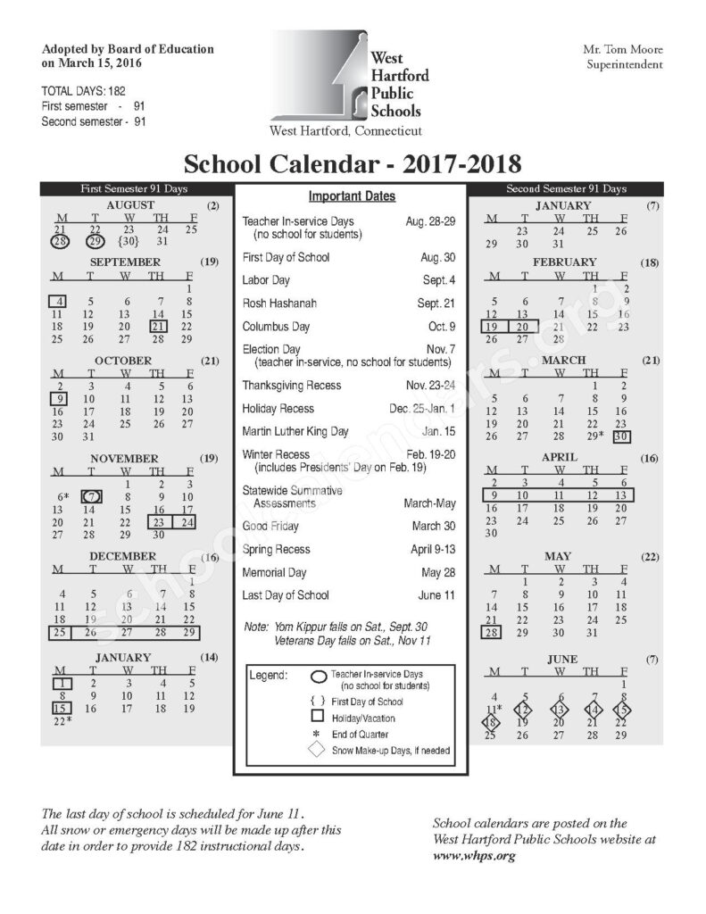 2017 2018 School Calendar West Hartford Public Schools West 