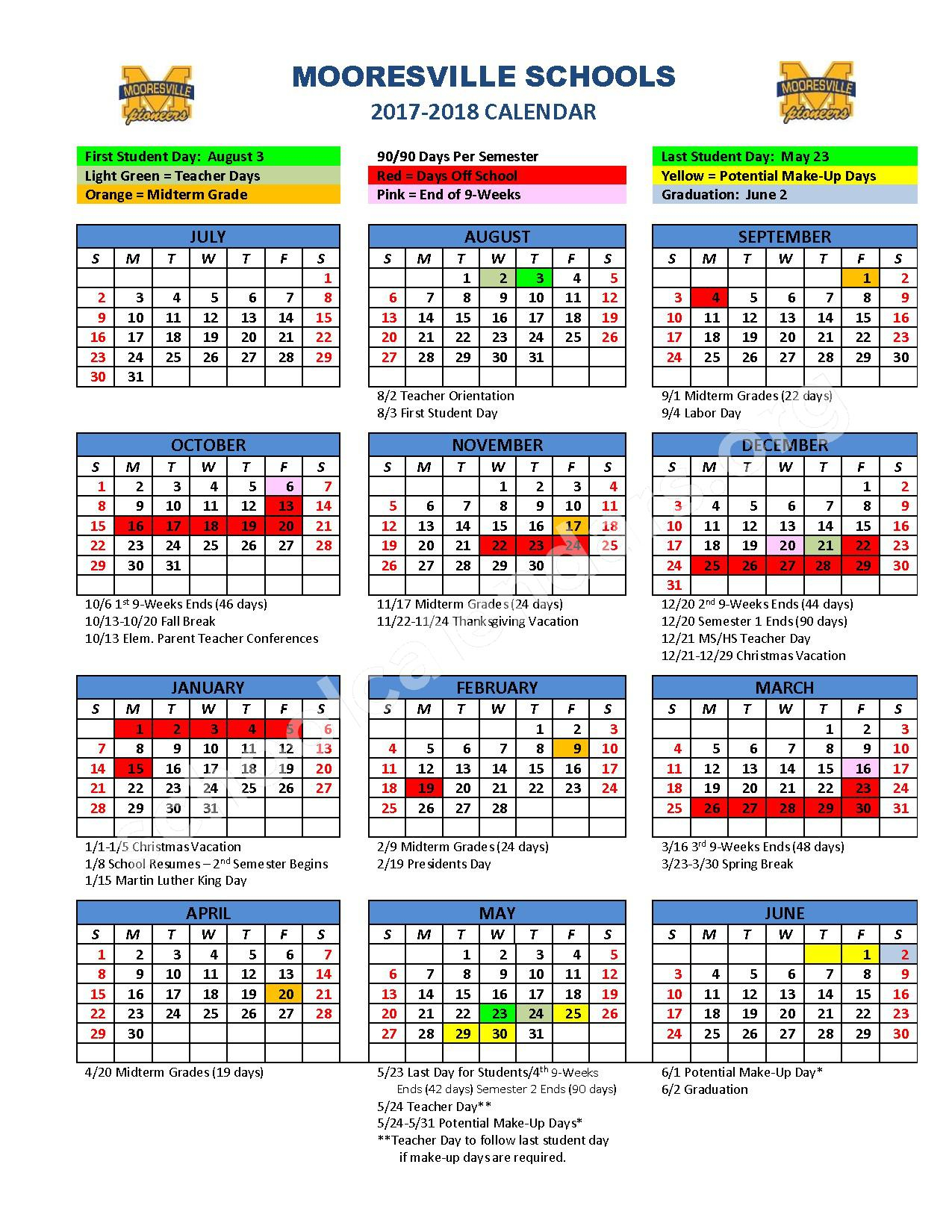 2017 2018 School Year Calendar Mooresville High School