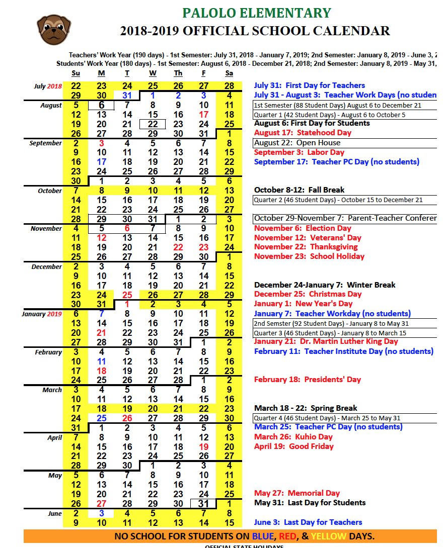 2018 2019 Calendar About Us Palolo Elementary School