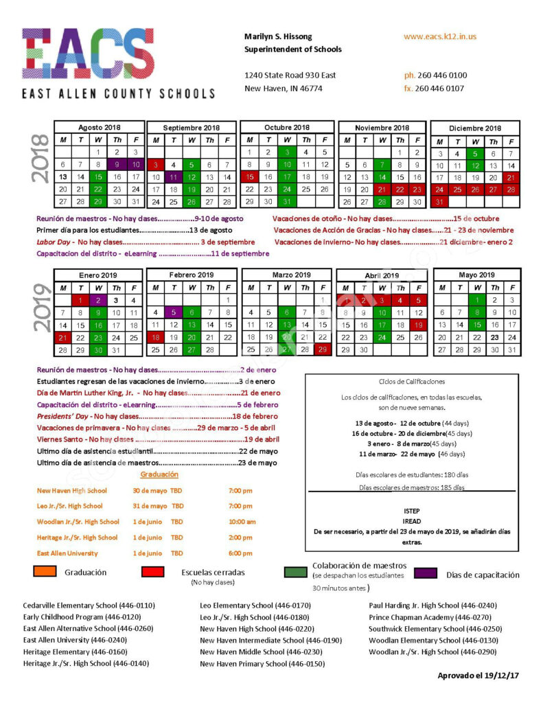 2018 2019 District Calendar East Allen County Schools New Haven IN