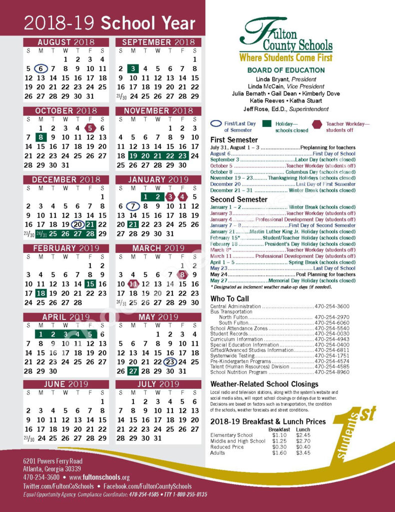 2018 2019 District Calendar Roswell North Elementary School 