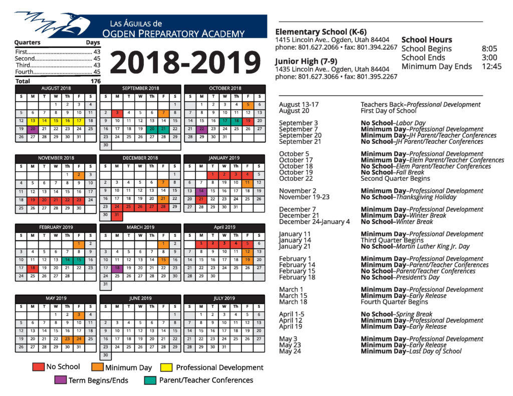 2018 2019 OPA School Calendar Ogden Preparatory Academy