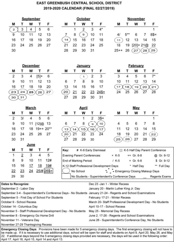 2019 20 School Calendar Is Now Available East Greenbush CSD