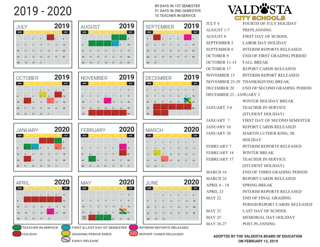 2019 2020 Academic Calendar Student Support Services Valdosta 