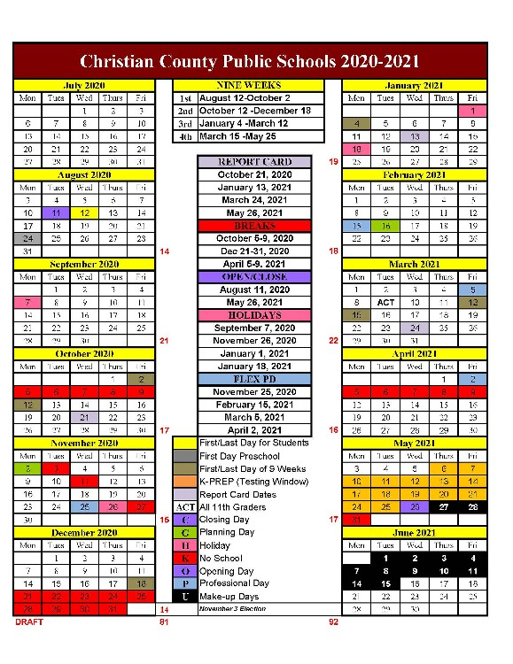 2020 2021 CCPS School Year Calendar Christian County School District