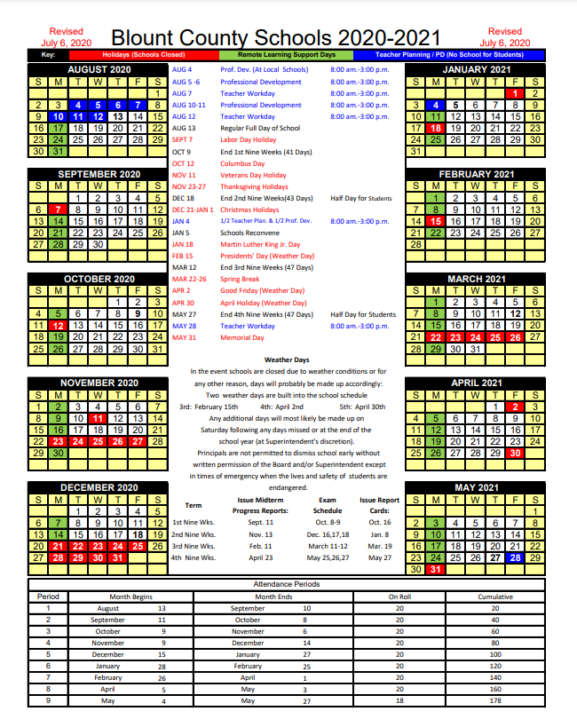 2020 2021 School Calendar Blount County Schools