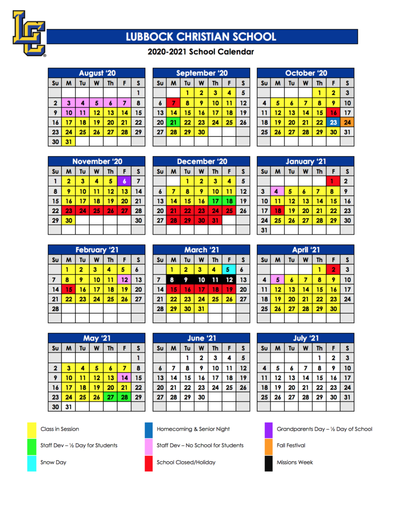 2020 2021 School Calendar Lubbock Christian School